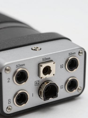 Close-up of physical camera hardware ports with clear technical indicators, bright even studio lighting, sharp focus on hardware details, neutral gray background, 50mm