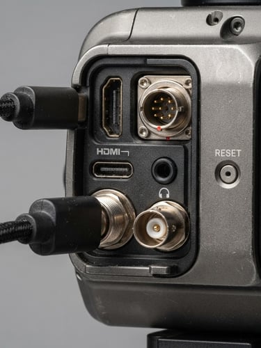 Close-up of physical camera hardware ports and reset button under bright technical studio lighting, 50mm sharp focus