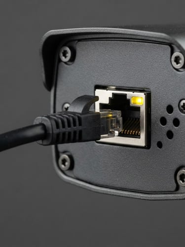A close-up macro shot of a security camera back panel, showing the ethernet port with a solid yellow indicator light, neutral dark background, clean technical photography, bright even studio lighting