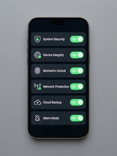 A top-down macro shot of a modern smartphone showing a security app interface with clear green toggle switches, bright even studio lighting, neutral gray background, 50mm