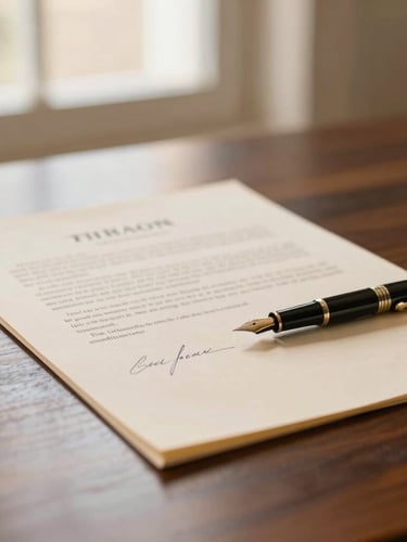 Close-up of signed legal financial documents on a dark espresso wooden desk, warm natural window light, elegant fountain pen, shallow depth of field