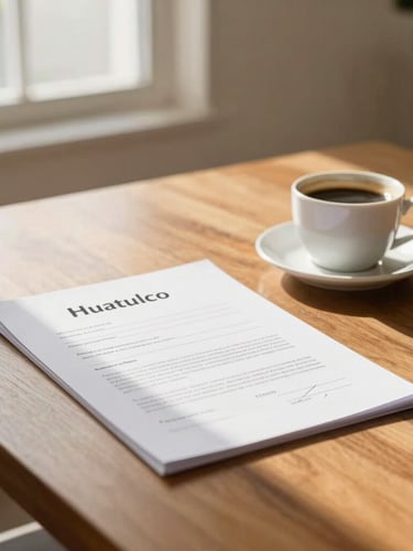 Warm editorial photo of a clean, sunlit meeting room in Huatulco, a wooden table with signed financial documents and a cup of coffee, soft window light, 35mm