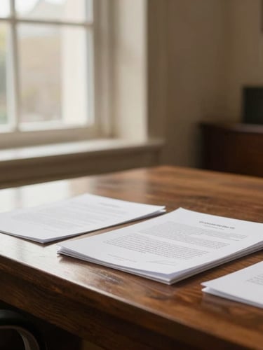 Professional meeting space with warm natural window light, an architectural detail of a dark wood desk with signed documents, shallow depth of field, 35mm