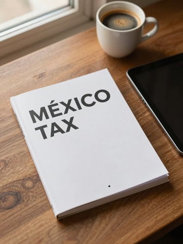 Overhead clean desk layout with a Mexican tax guide, a modern tablet, and a cup of coffee, warm morning light, rich cream tones, shallow depth of field