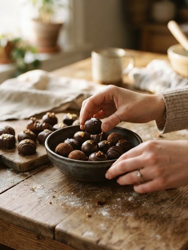 Warm natural side-light on hands arranging artisanal chocolates on a rustic wooden table, cozy home setting, shallow depth of field, 35mm photography