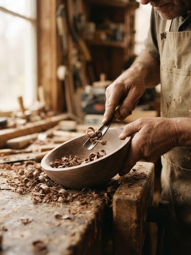 Warm editorial photography of a master woodworker's hands carving a bowl, soft side-light, wood shavings, rich earthy tones, 35mm
