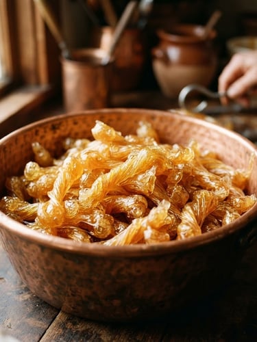 Close-up of golden honey-colored pulled candies in a copper kettle, warm natural side-light, rich earthy tones, shallow depth of field, 35mm