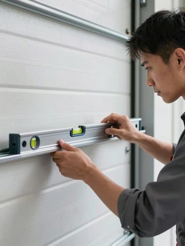A professional technician aligning a steel garage door track with a level, crisp work-light, realistic industrial tones, 35mm