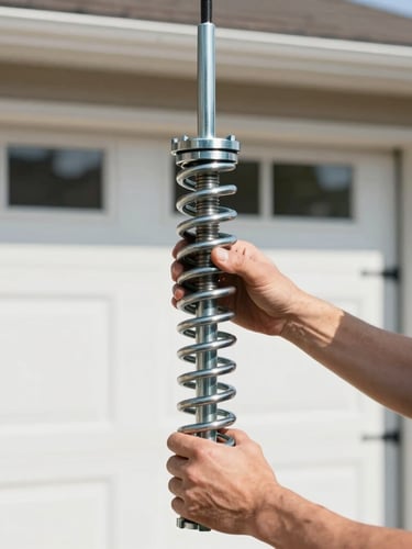 Close-up of a technician installing a heavy-duty steel torsion spring on a residential garage door, bright morning daylight, sharp focus 35mm