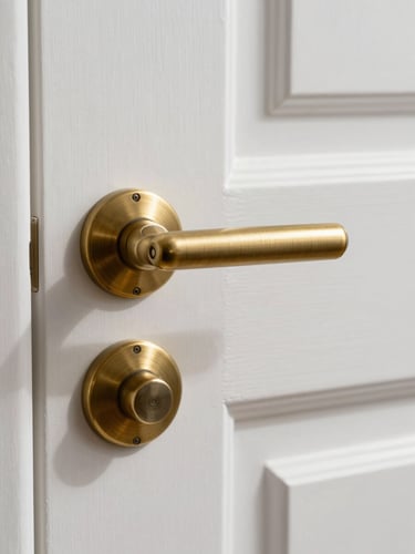 Extreme close-up of a brushed brass door handle on a white lacquered door, natural daylight from the left casting a soft edge shadow, architectural detail, no people