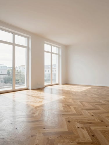 Wide architectural interior of a bright empty apartment living room, floor-to-ceiling windows flooding the space with natural daylight, minimal furnishings, clean white walls, parquet floor receding to the right, shot from a low wide angle emphasizing the expansive volume