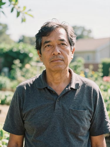 A warm documentary portrait of a local community leader in a sunlit neighborhood garden, looking thoughtfully off-camera, soft natural daylight, 35mm