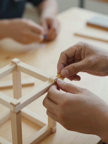 Candid close-up of hands in motion assembling a wooden structure during a vocational training workshop, soft natural daylight, warm organic tones.