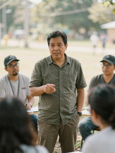 Environmental medium shot of a local community leader guiding a collaborative outdoor workshop, warm natural daylight, soft 35mm documentary photography style