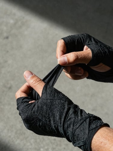 Close-up of hands wrapping in black cotton wraps, high-contrast side-lighting, raw concrete background, 35mm gritty editorial photography.