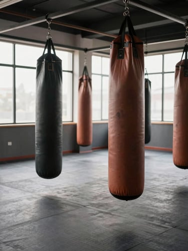 Environmental wide shot of a clean, empty martial arts studio with natural light cutting through high windows hitting heavy bags, gritty editorial, 35mm.