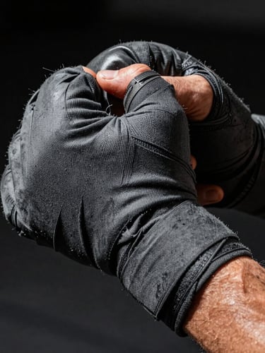 Close-up of hands tightly wrapping charcoal gray hand wraps under high-contrast side-lighting, sharp focus on texture, gritty editorial photography style, 35mm.