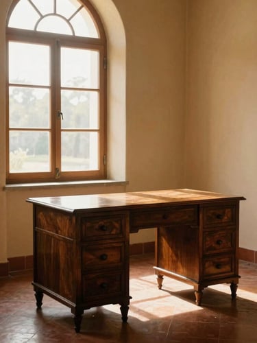 Medium shot of a colonial writing desk made of dark walnut wood, placed next to a high arched window, soft morning light illuminating hand-plastered walls and terracotta floor, warm editorial style