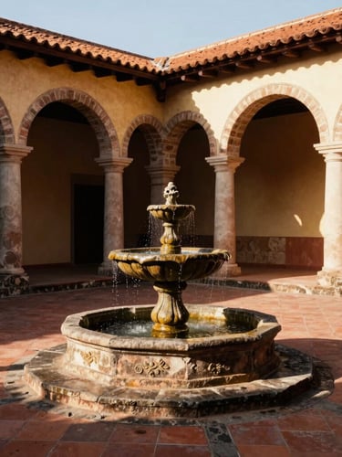 Warm editorial photography of a sun-drenched central courtyard in Antigua, a stone fountain trickling, dramatic colonnade shadows, terracotta tiles, volcanic stone walls.