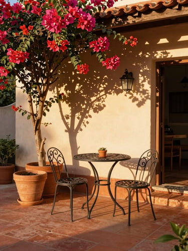 Private patio with terracotta pots, blooming bougainvillea, small wrought-iron table and chairs.