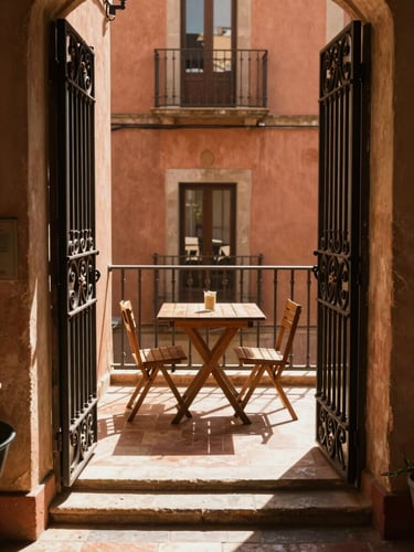 Central courtyard view from a private balcony with wrought-iron grates, small wooden dining table.