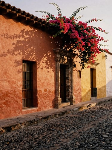 Warm editorial photography of a quiet cobblestone street in Antigua Guatemala during golden hour, terracotta walls with bougainvillea, soft shadows, medium format film
