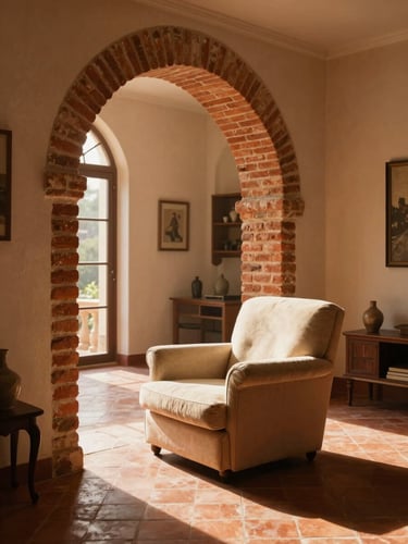 Colonial living room with exposed brick archway, terracotta floors, comfortable modern armchair, soft lamplight.