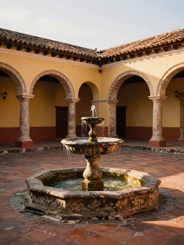 Warm editorial photography of a central colonial courtyard in Antigua Guatemala, a stone fountain trickling under golden-hour sunlight, terracotta tiles, rich shadows, medium format film.