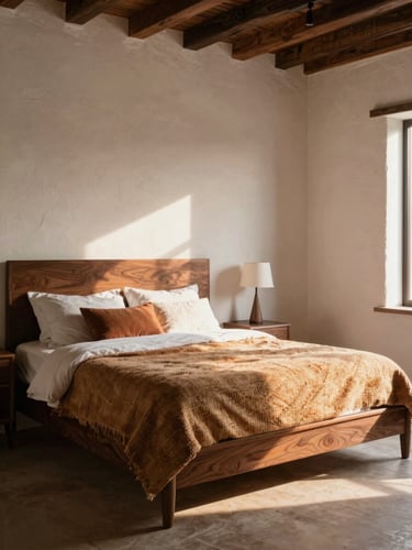 Elegant master bedroom with white hand-plastered walls, dark walnut furniture, woven textiles.