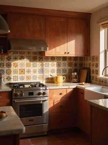 Cozy colonial kitchen with hand-painted tiles, modern stainless steel appliances, stone countertops.
