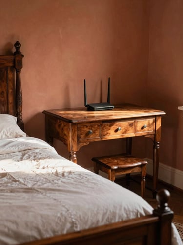 Detail of a colonial bedroom with hand-carved walnut bed, writing desk bathed in morning light, high-speed router subtly placed.