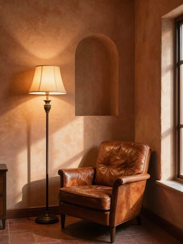 Quiet reading nook with comfortable leather chair, warm floor lamp, colonial niche in the wall.