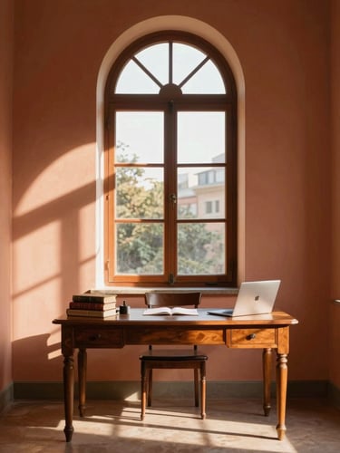 Writing desk in front of a tall arched window with dramatic shadows, antique books, laptop.