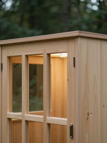 Architectural shot of Kabin Modular flat-pack packaging, clean lines, warm birch plywood against a deep forest green backdrop, natural window light, 35mm lens.