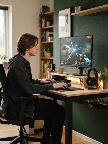 Teenager focused on a gaming monitor at a Scandinavian-modern desk setup, integrated cable management visible, warm LED light from desk, natural window light, matte black steel frame, birch plywood surface, deep forest green wall, eye-level architectural photography.