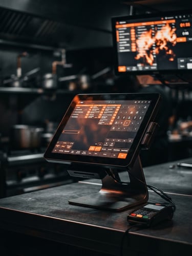 Sleek modern touchscreen POS terminal in a dark, atmospheric restaurant kitchen, kitchen display system glowing in the background, low-key dramatic studio lighting with sharp orange accents, 35mm.