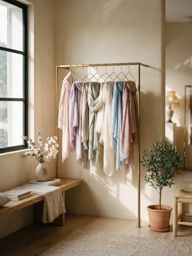A serene, sun-drenched corner of a high-end fashion boutique in Ampang. Softly draped pastel scarves hang from minimalist brass racks, bathed in warm morning window light with gentle shadows on cream plaster walls.
