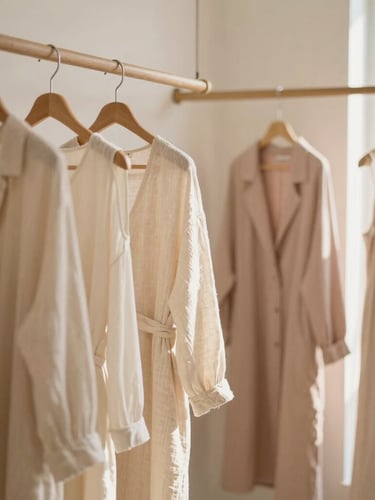 Curated corner of a warm minimalist fashion boutique in Ampang, wooden hangers with cream and soft pink linen garments, diffused morning light