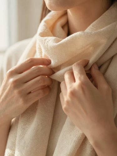 Close-up of a woman's hands gently adjusting a soft beige cotton scarf, focusing on the fine weave and delicate texture, warm diffused golden light.