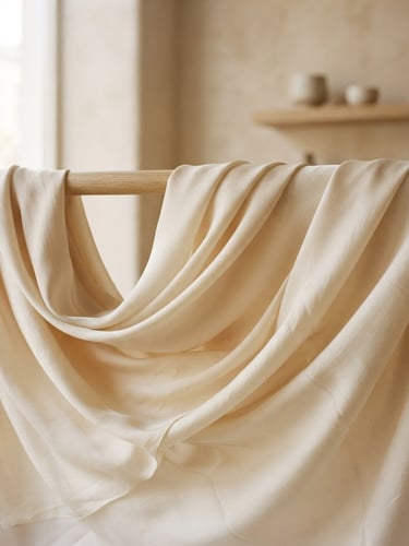 Softly draped beige silk fabric catching gentle morning window light in a minimal boutique setting, editorial 35mm photography