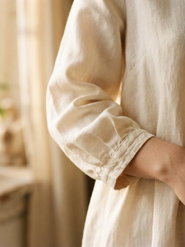 Close up of a softly draped cream linen dress sleeve, warm morning window light casting gentle shadows, editorial fashion photography, 35mm