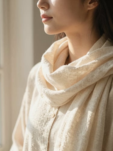 Warm editorial portrait of a woman wearing a softly draped cream-colored linen scarf, looking out a window in gentle morning light.