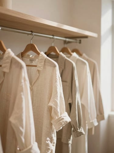 Warm editorial photography of a quiet corner in an Ampang boutique, soft morning light on linen apparel and minimalist wood shelves, shallow depth of field, 35mm