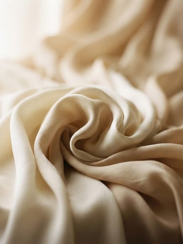 Warm editorial photography of softly draped silk fabric in cream and beige tones, soft morning window light, shallow depth of field, 35mm