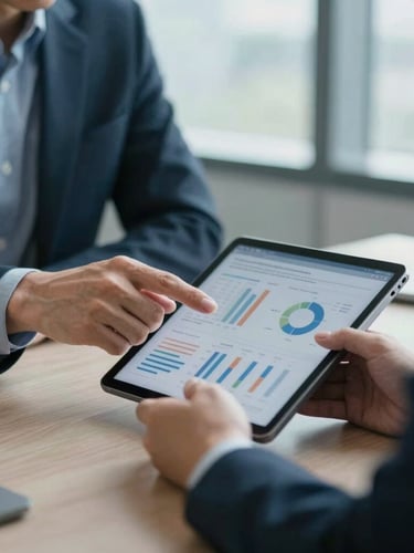 A sophisticated consulting session in a quiet modern office, close-up of hands analyzing data on a tablet screen, natural cool window light, shallow depth of field.