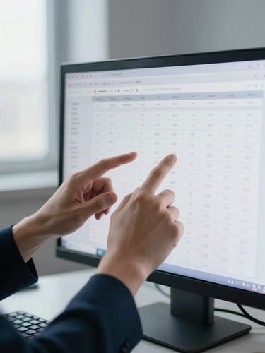 Close-up of professional hands analyzing structured financial data on a clean screen in a quiet office environment, cool natural light, 35mm
