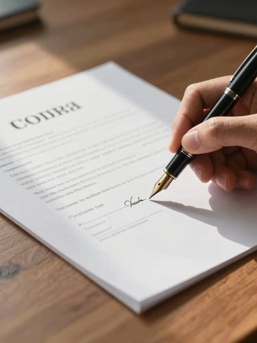 Close-up of a fountain pen signing a clean, official financial contract on a solid wooden desk, natural morning light from the left side.
