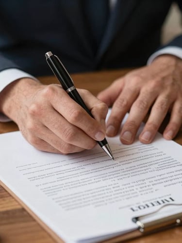 Close-up of professional hands signing a clean financial contract on a wooden desk, natural daylight, sharp focus on the pen and document.