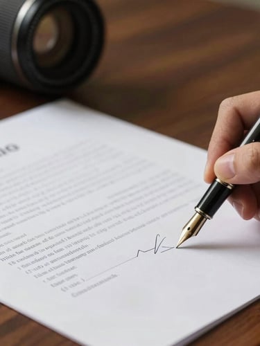 Close-up of a fountain pen signing a clean financial document on a dark wooden desk, soft side lighting