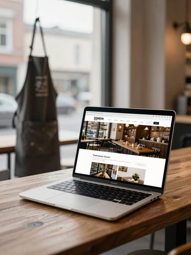 Wide environmental shot, a laptop open on a wooden café counter showing a clean restaurant website on screen, natural overcast daylight from a street-facing window, flour-dusted apron hanging on a hook in the soft background, no people in frame